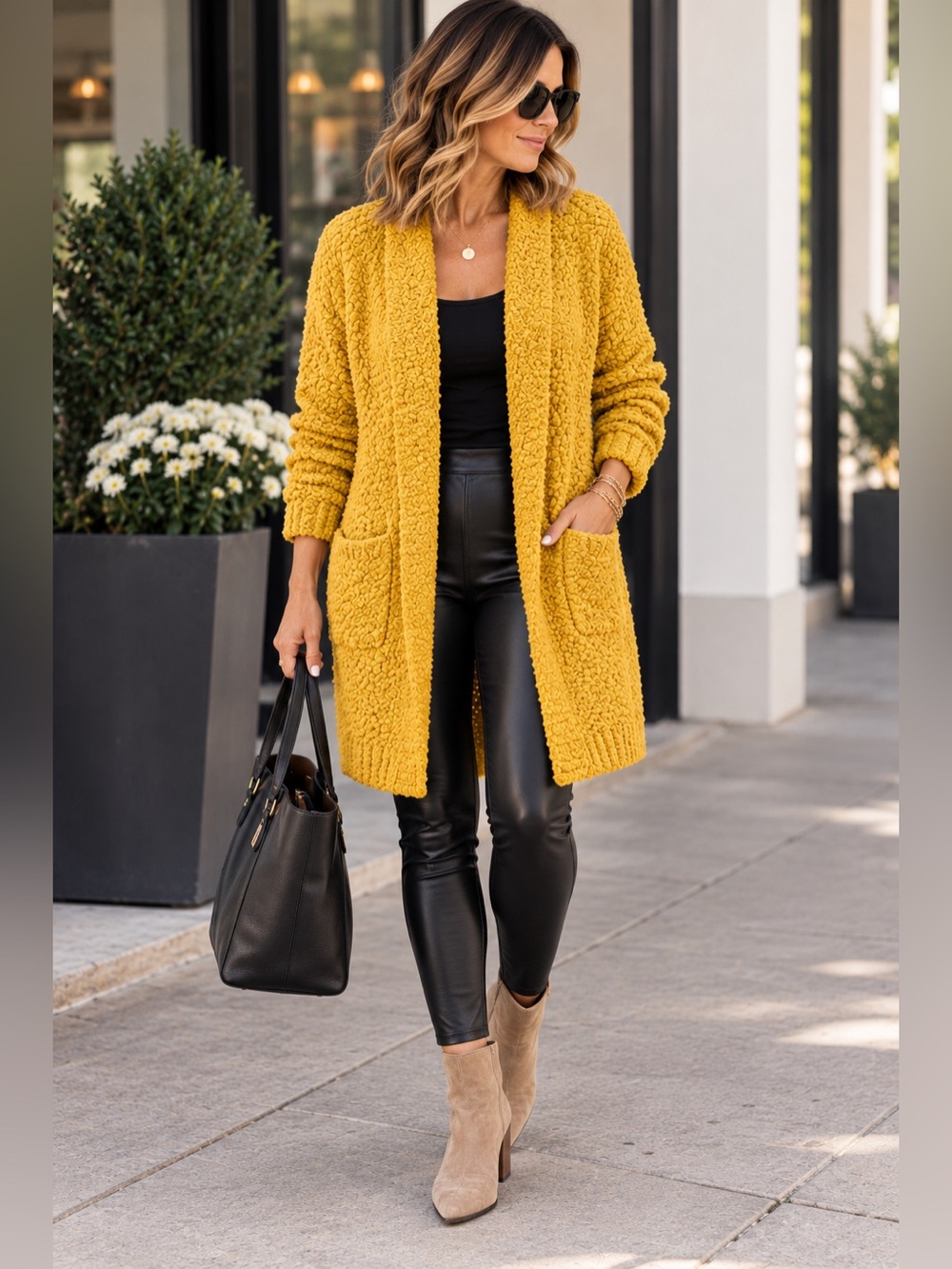 Merokeety Mustard Yellow Popcorn Knit Open Front Cardigan Large